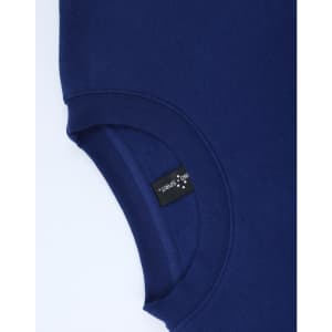 A navy blue crew fleece jumper with a round neckline and a logo tag inside the collar area.