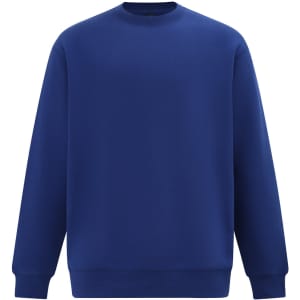 A blue crew fleece sweatshirt featuring long sleeves and a crew neckline, with a logo on the front.