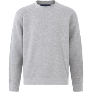 A grey crewneck fleece jumper featuring long sleeves and a simple design. It has a branding logo.
