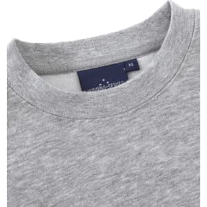 A grey crew fleece jumper with a round neckline and a tag featuring logos.