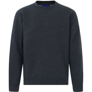 A dark grey crewneck sweatshirt with long sleeves and a simple design. It features a logo on the neckline.