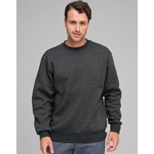 A dark grey crew fleece sweatshirt featuring a round neck and ribbed cuffs, modelled by a man.