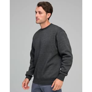 A man wearing a dark grey crew fleece sweatshirt, featuring a relaxed fit and ribbed cuffs.