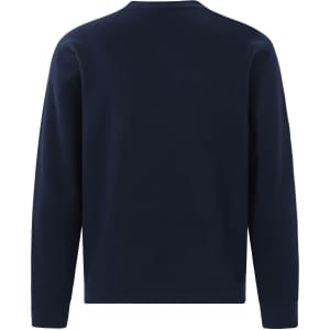 A navy blue crew neck fleece sweater with a plain back design and long sleeves. Features a logo on the front.