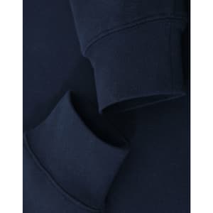 A navy crewneck sweatshirt featuring folded cuffs and a simple design, with a logo present.