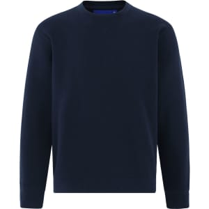 A navy blue crew neck fleecy sweater featuring long sleeves and a ribbed hem, with a logo on the front.