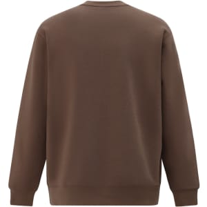 A brown crewneck sweatshirt with long sleeves and a solid back. Features a logo.