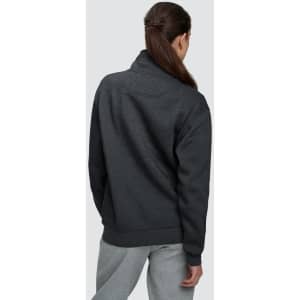 A dark grey 1/2 zip collar fleecy sweatshirt with a relaxed fit, featuring a logo on the back.
