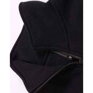 A black 1/2 zip collar fleece jumper featuring a smooth fabric texture and a zip closure, with a logo present.