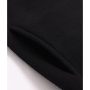 A close-up of a black polar fleece jumper featuring a 1/2 zip collar, with a smooth texture and a visible seam.