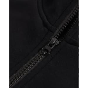 A close-up of a black half-zip collar fleecy jumper featuring a smooth zipper and soft fabric texture.