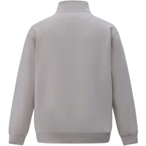 A polar fleece jumper in a light grey shade with a half zip collar and long sleeves. Features a logo on the back.