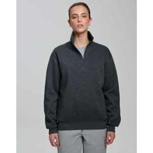 A grey 1/2 zip collar fleecy jumper with long sleeves, featuring a logo on the chest.