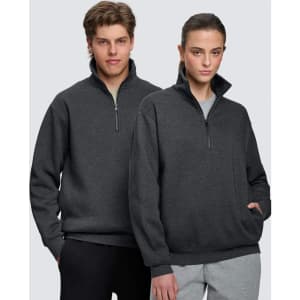 A 1/2 zip collar fleecy jumper in charcoal grey, featuring a logo and side pockets. Suitable for men and women.