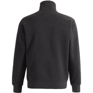 A dark grey 1/2 zip collar fleecy jumper with long sleeves and a casual fit. Features a branding logo.