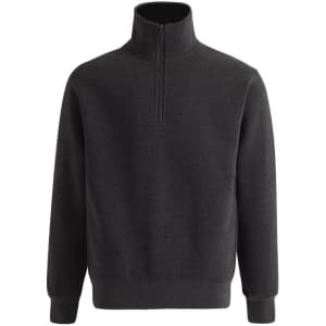 A dark grey 1/2 zip collar fleecy jumper featuring long sleeves and elastic cuffs. It has a logo on the chest.