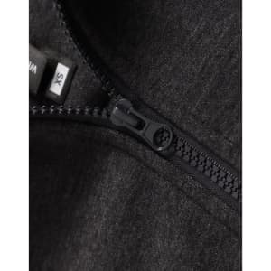 A close-up of a black half-zip collar fleecy jumper featuring a zipper and tags.