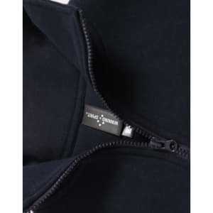 A navy blue polar fleece jumper featuring a half zip collar and a woven label inside.