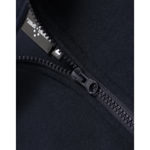 A navy blue 1/2 zip collar fleecy jumper featuring a zipper and a tag, designed for warmth and comfort.