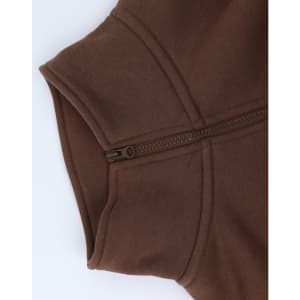 A brown 1/2 zip collar polar fleece jumper featuring a zip on the neckline. It has a smooth texture and a logo.