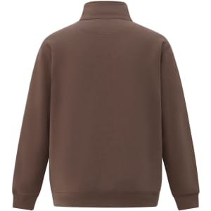 A brown 1/2 zip collar fleecy sweat in a plain design, featuring a logo on the back.