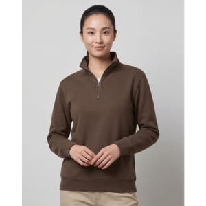 A brown 1/2 zip collar fleece jumper featuring a zip at the neckline and long sleeves. It has a logo on it.
