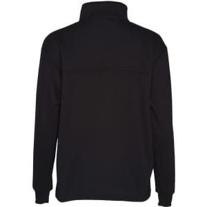 A black half-zip fleece jumper featuring a collar and a plain design, with a logo on the back.