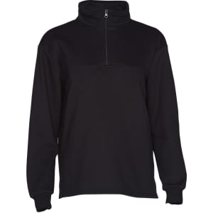 A black half-zip fleece jumper featuring a high collar and long sleeves. Includes a logo.