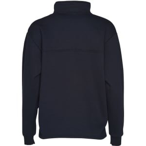 A navy blue Kid's 1/2 zip collar fleecy sweat with a back seam design and relaxed fit. Features a logo.