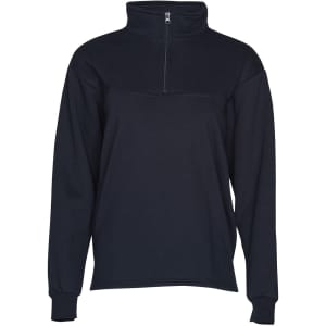 A navy fleecy sweat with a half zip collar and long sleeves, featuring a branding logo.