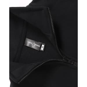 A black fleecy sweatshirt featuring a half zip collar, with an inner label and a subtle logo.
