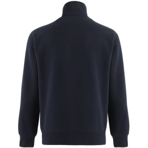 A navy fleecy sweat with a half zip collar and long sleeves, featuring a logo on the back.