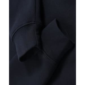 A navy blue fleece sweat with a half zip collar and cuffed sleeves, featuring a logo on the fabric.