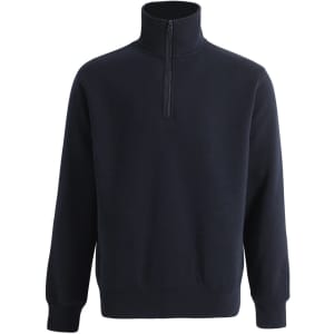 A navy fleecey sweat with a half zip collar and long sleeves, featuring a simple design and a small logo.