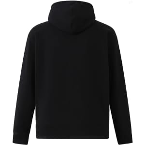 A black men's full-zip fleecy hoodie with a hood and ribbed cuffs, featuring a logo on the back.