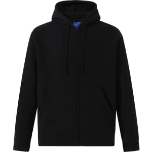 A men's full-zip fleecy hoodie in black with a hood and front pockets. It features a logo on the garment.