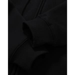 A black men's full-zip fleecy hoodie featuring cuff details and a logo.