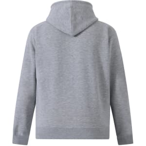 A grey men's full-zip fleecy hoodie with a hood and long sleeves, featuring a logo.