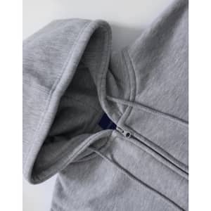 A grey men's full-zip fleecy hoodie with a hood and zippered front. It features a branding logo.