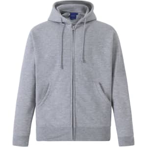 A grey men's full-zip fleecy hoodie featuring a hood and a logo.