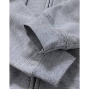 A grey men's full-zip fleecy hoodie with a close-up of the cuffs and fabric texture, featuring a logo.