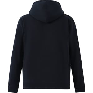 A men's full-zip fleecy hoodie in navy blue, featuring a hood and long sleeves, with a logo on the back.