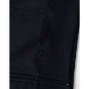 A black full-zip fleecy hoodie featuring a front pocket and a smooth texture. It has a logo on the fabric.