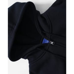 A black men's full-zip fleecy hoodie featuring a hood and zip closure, with a logo on the inside.