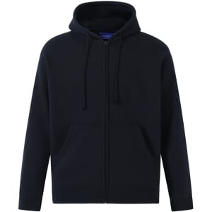 A navy full-zip fleecy hoodie with a hood and front pockets, featuring a logo.