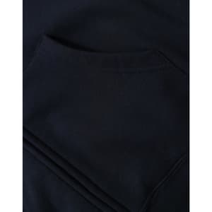 A close-up of a black men's full-zip fleecy hoodie featuring a front pocket. The fabric appears soft and textured.