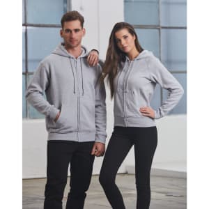 A grey full-zip fleecy hoodie is worn by a man and a woman, both posed together. The hoodie features a logo.