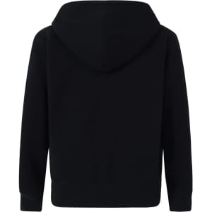 A black kid's full-zip fleecy hoodie with a hood, featuring a plain back design and ribbed cuffs.