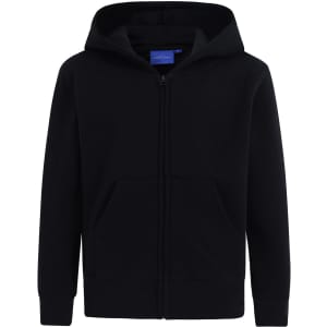 A black full-zip fleecy hoodie with a hood and front pockets. It features a logo on the fabric.