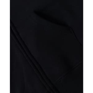 A black full-zip fleecy hoodie featuring a kangaroo pocket and a logo. Soft fabric and stylish design.